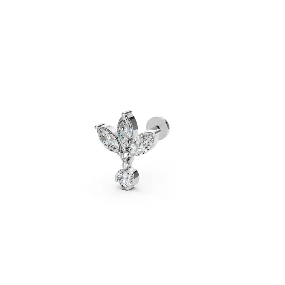 Lotus flower earring with dangling diamond white