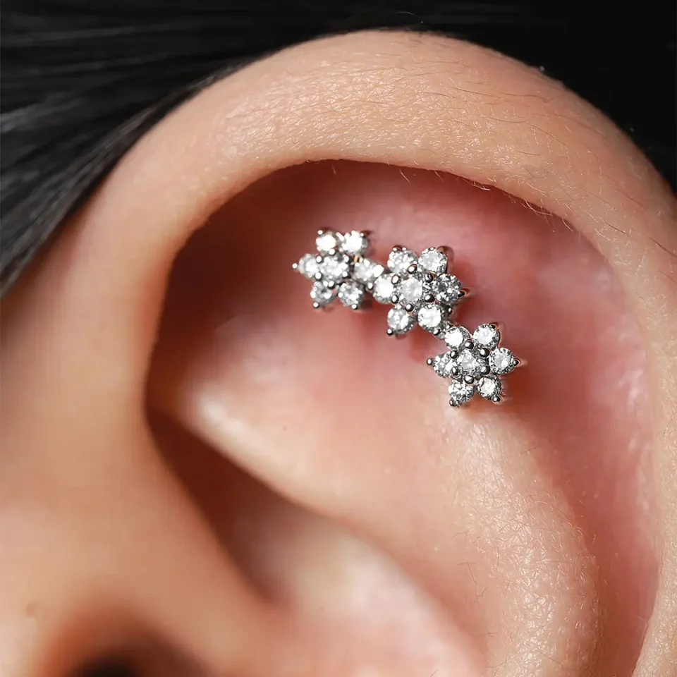 Three Diamond Rose Earrings White